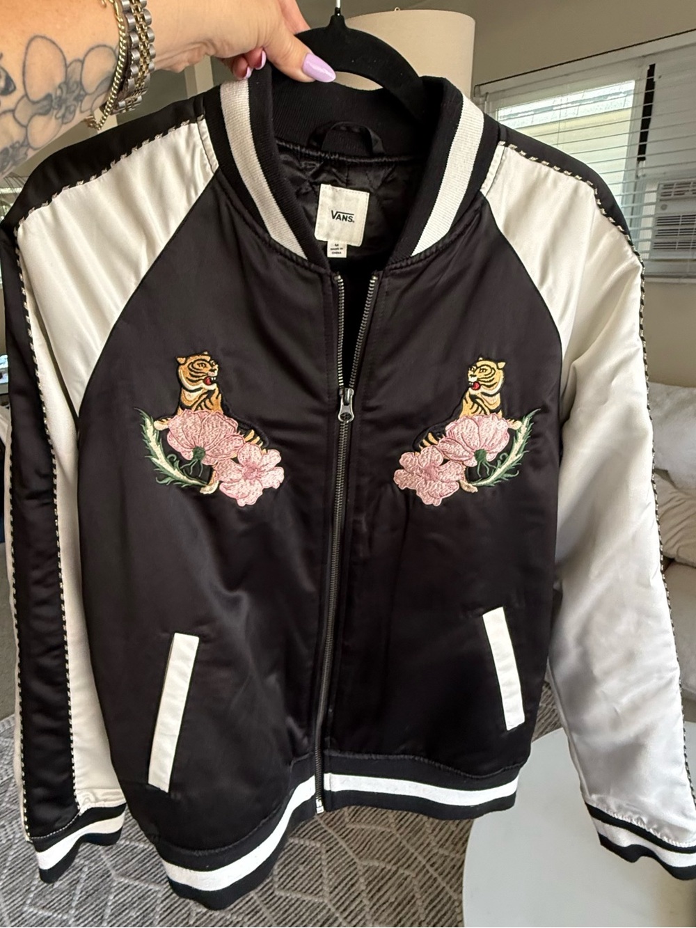 Vans Black and White Satin Bomber Jacket with Tiger Detail